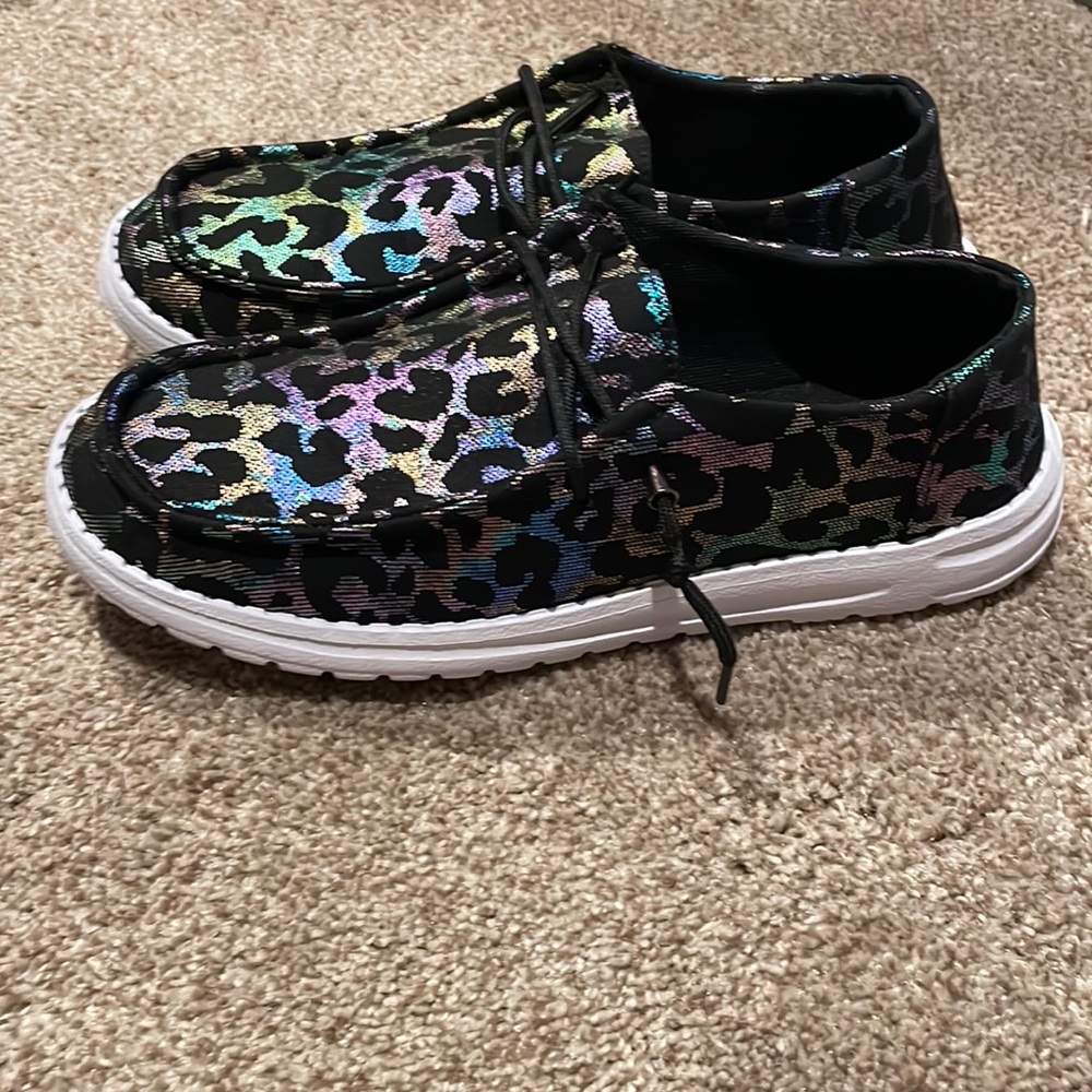 Black Rainbow Shimmer Leopard Canvas Slip On Loafer size 9.5